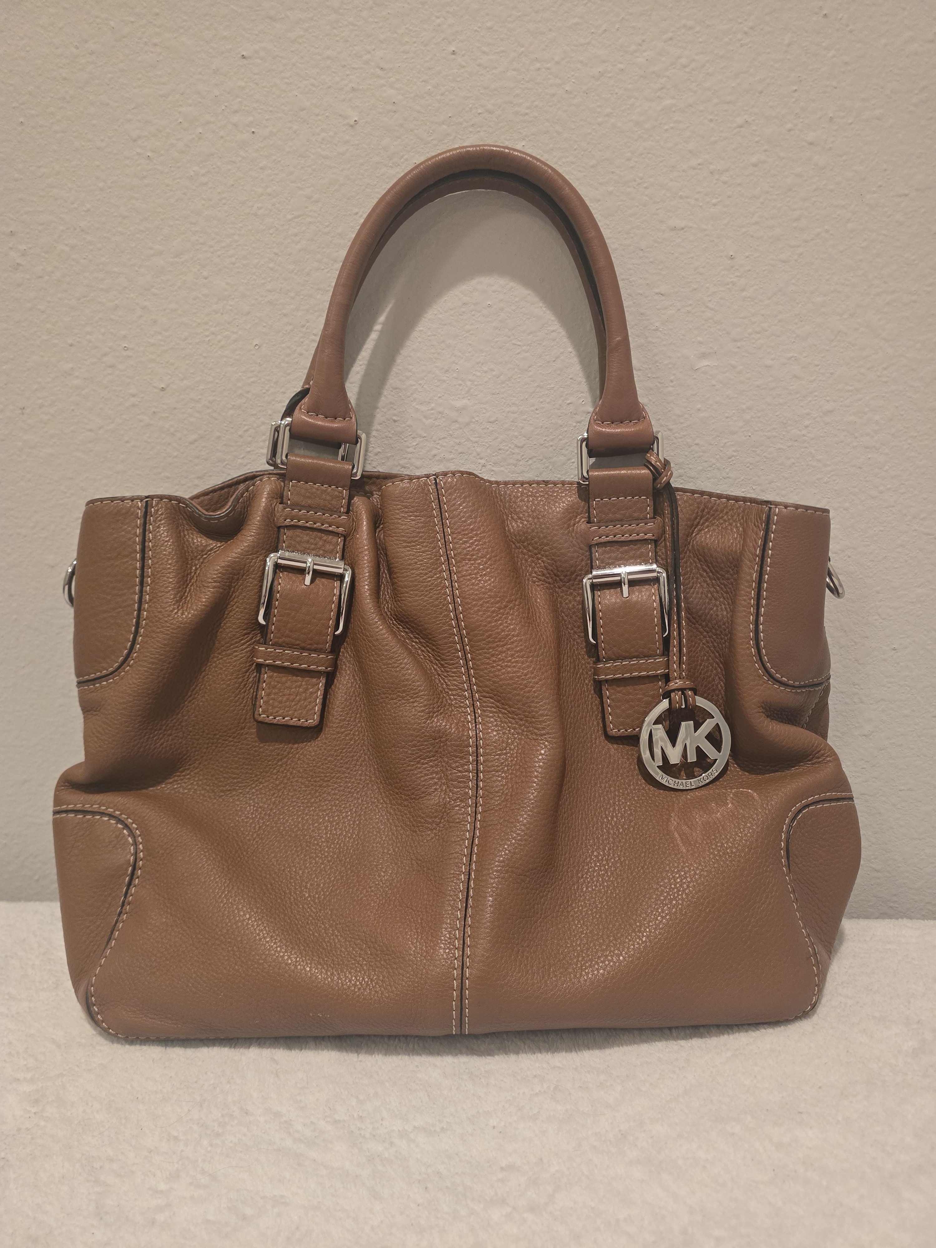 Michael Kors Cognac Leather Satchel With Mk Charm